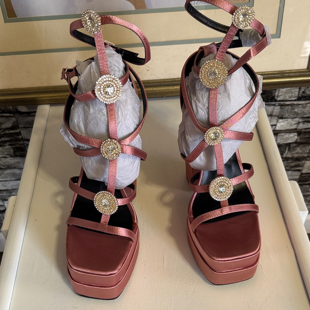 Elegant Pink Strap up Women's Heels with gold decorative hardware platform style